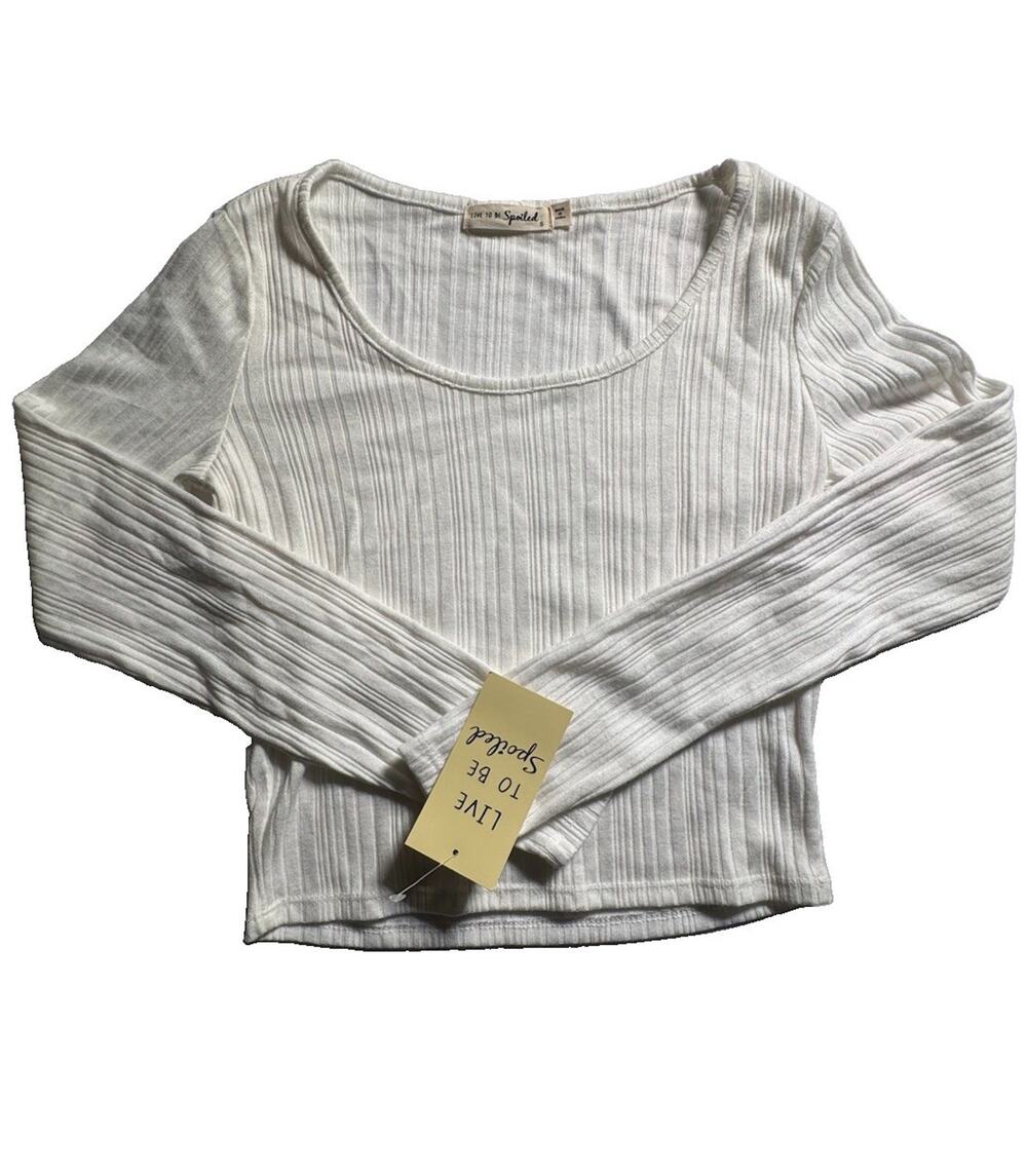 Live To Be Spoiled Juniors S White Ribbed Long Sleeve Crop Top NWT